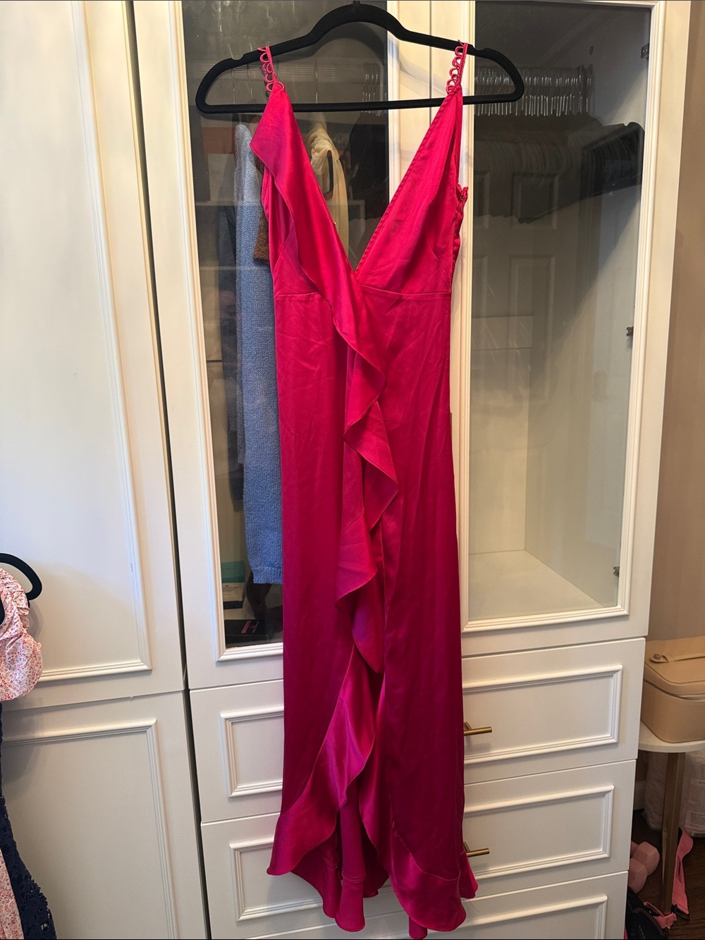 For Love & Lemons Hot Pink Ruffle V-Neck Maxi Dress